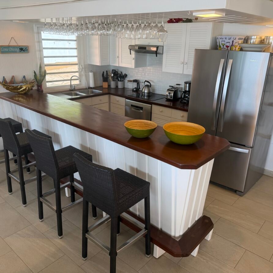 Villa Coralita exterior with private dock, swimming pool, and expansive Caribbean waterfront views.